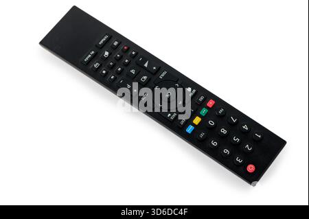 Standard television remote control professionally isolated on clean white background. Essential home electronics device for entertainment systems. Stock Photo