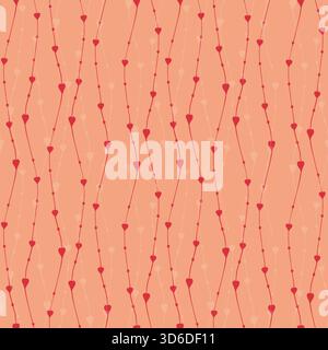 Valentines Day pattern with hearts on curved wavy lines red and white colors, doodle style. Packaging, textiles, backdrop. Vector illustration Stock Vector
