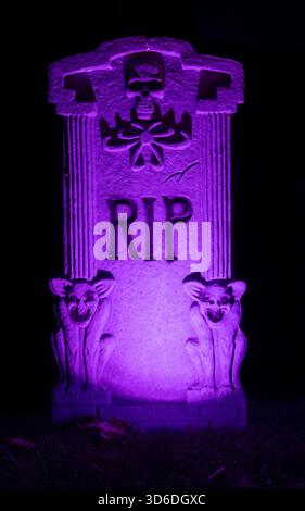 Halloween Tombstone with engraved RIP and dogs decorating yard at night Stock Photo