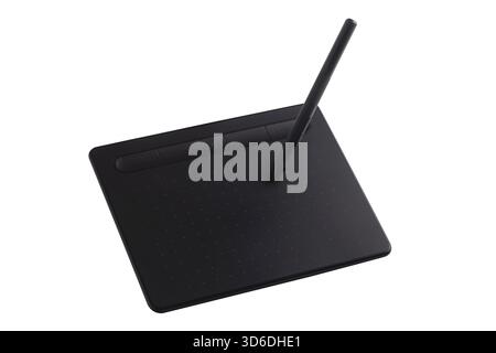 Black digital graphics tablet and stylus pen isolated on white background, ideal for creative design, illustration, and digital art projects. Stock Photo
