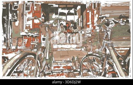 Sketch-style impressionnist painting,Vintage bicycles in front of a cafe,Digital illustration vector image Stock Vector