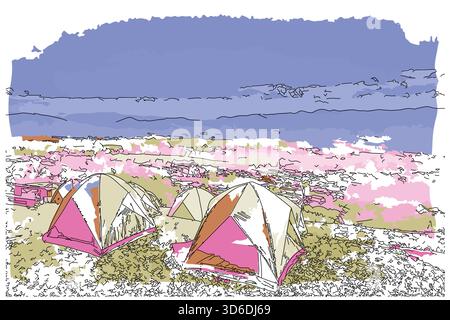 Sketch-style impressionnist painting,Camping tent on the hill,Digital illustration vector image Stock Vector