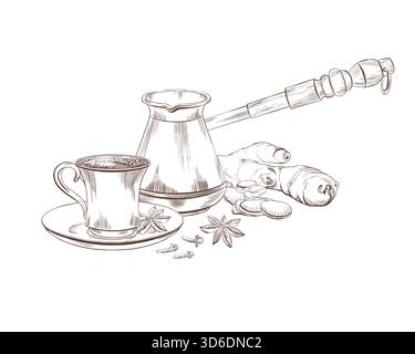 Eastern classic coffee pot and small coffee cup on a saucer with anise, cloves, and ginger as a symbol of oriental ceremonies,hospitality.Vector Stock Vector