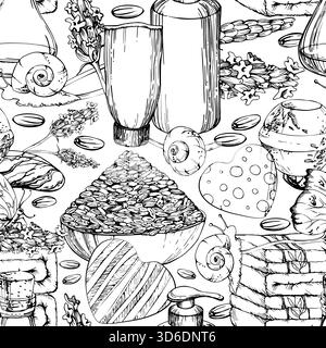 Handmade balm kits with soap bars, bottles towels bath bombs, lavender sprigs and seeds, butterflies snails. Hand drawn in vector ink, seamless Stock Vector
