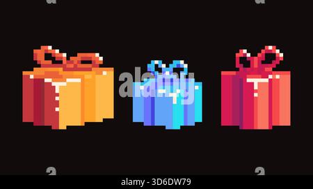Pixel gift set. Gift box sign. Pixel art icon for 8-bit video game. Vector illustration. Stock Vector