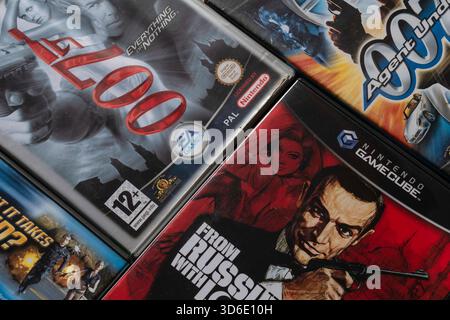 'James Bond 007' Wii Games collection including: 'From Russia with Love' | 'Everything or Nothing' | 'Agent Under Fire', top angle shot Stock Photo