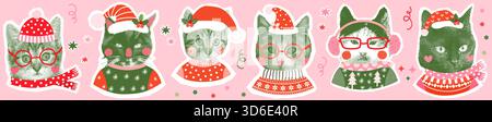 Funny vector cat faces with hats and scarves and ugly Christmas sweaters, Half tone retro collage style kitties Stock Vector