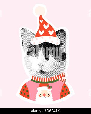 Black and white funny Christmas cat collage, fun vector animal with ugly sweater for holiday designs Stock Vector