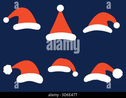 Christmas vector set with simple Santa hats in flat style for photo booth props, holiday decor and greeting cards Stock Vector