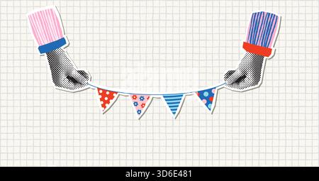 Vector halftone collage hands holding a cute bunting in red, blue and pink with flowers, stripes and dots for birthday party designs and backgrounds Stock Vector