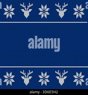 Blue knitted background featuring white reindeer heads and snowflakes in a classic winter sweater style. Perfect for Christmas designs, holiday cards. Stock Vector