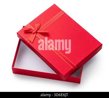 Slightly open red low gift box and lid with satin bow, top view, isolated on white background. File contains clipping path. Stock Photo