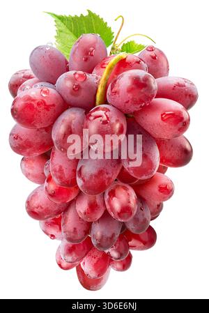 Bunch of ripe red table grape berries with green grape leaves isolated on white background. File contains clipping path. Stock Photo