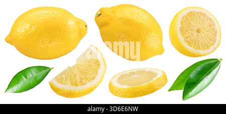 Ripe lemon fruits, lemon leaves and variety of lemon slices isolated on a white background. Clipping paths. Stock Photo