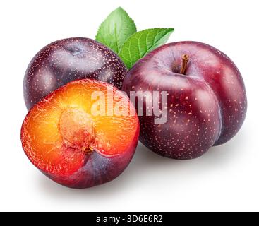 Ripe chinese plums with green leaf isolated on white background. File contains clipping paths. Stock Photo