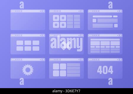 Web browser window, transparent pages layout with toolbar and search field. Modern website, internet page. Browser mockup for computer, tablet and Stock Vector