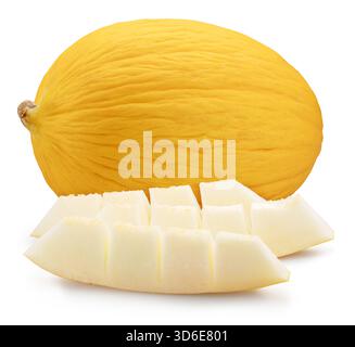 Canary yellow melon and melon slices isolated on white background. File contains clipping path. Stock Photo