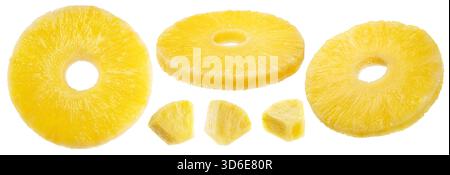 Pineapple rings and pineapple pieces isolated on a white background. File contains clipping paths. Stock Photo