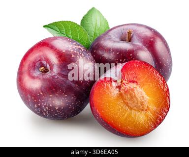 Ripe chinese plums with green leaf isolated on white background. File contains clipping paths. Stock Photo