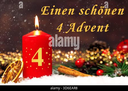 Germany - November 19, 2025: Photo montage, Happy 4th Advent in a snowy winter landscape: The red Advent candle with a golden 4 stands in the snow, surrounded by cinnamon, orange, and pine cones. The saying Have a wonderful 4th Advent is framed by a warmly glowing string of lights and red decorative elements, enhancing the festive mood. *** Fotomontage, Schönen 4. Advent in verschneiter Winterlandschaft: Die rote Adventskerze mit goldener 4 steht im Schnee, umgeben von Zimt, Orange und Tannenzapfen. Der Spruch Einen schönen 4 Advent wird von einer warm leuchtenden Lichterkette und roten Dekoel Stock Photo