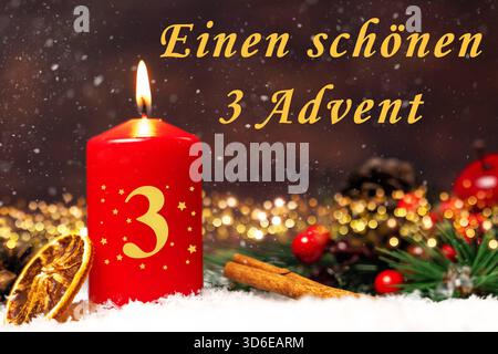 Germany - November 19, 2025: Photo montage, Happy 3rd Advent in a snowy winter landscape: The red Advent candle with a golden 3 stands in the snow, surrounded by cinnamon, orange, and pine cones. The phrase Have a wonderful 3rd Advent is framed by a warmly glowing string of lights and red decorative elements, enhancing the festive mood. *** Fotomontage, Schönen 3. Advent in verschneiter Winterlandschaft: Die rote Adventskerze mit goldener 3 steht im Schnee, umgeben von Zimt, Orange und Tannenzapfen. Der Spruch Einen schönen 3 Advent wird von einer warm leuchtenden Lichterkette und roten Dekoel Stock Photo