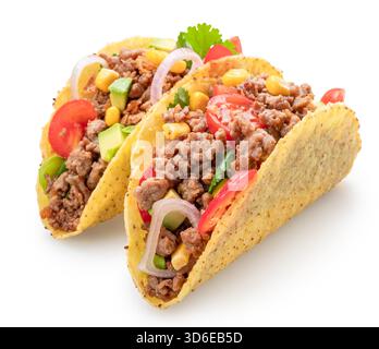 Mexican meat tacos or beef stuffed tortillas isolated on white background, top view. File contains clipping path. Stock Photo