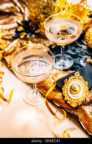 Elegant holiday table setting with champagne glass for festive celebrations Stock Photo