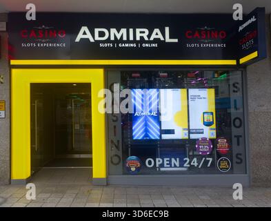 Front view of the Admiral gaming and slots casino on Church Street, Liverpool, featuring bright signage, digital displays and a 24/7 entrance. Stock Photo