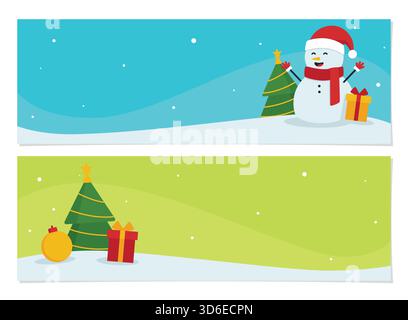 Christmas banner template set featuring seasonal elements like snowman, giftboxes, and pine trees isolated on white background perfect for promotions. Stock Vector