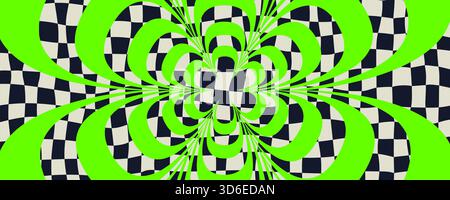 Psychedelic checker background with neon green radial petals twisting over warped black and white squares. Groovy spiral checker pattern with bold y2k Stock Vector
