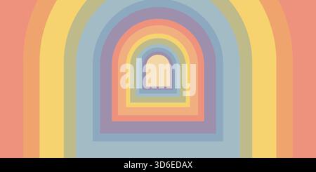 Abstract psychedelic arch background with layered pastel rainbow shapes in soft orange, yellow, green, blue, and purple tones. Groovy retro vector Stock Vector