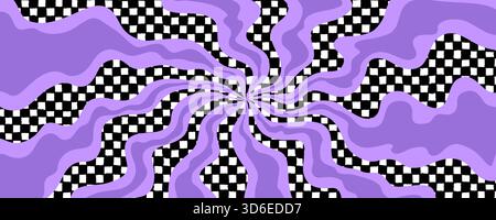 Groovy smoke background with flowing purple waves and black and white checkered pattern. Abstract psychedelic ray effect with dynamic motion. Vector Stock Vector