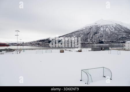 A serene view of a snow-covered soccer field in Narvik, Norway, with a majestic mountain looming in the background under cloudy skies. Stock Photo