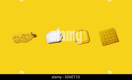 A collection of discarded single-use plastics, including a water bottle, takeout containers, and packaging, set against a vibrant yellow background, s Stock Photo