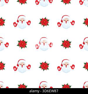 Seamless Christmas pattern featuring cartoon Santa Claus faces with mittens and red Poinsettia flowers on a white background. Festive New Year winter Stock Vector