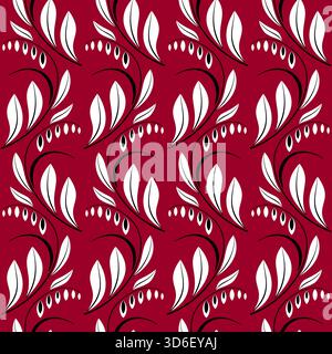 Wild flowers seamless pattern in modern style. Bright red, white, black colours. Monochrome graphic on red background. Vector illustration for wallpap Stock Vector