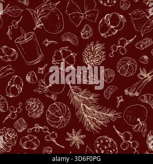 Hand-drawn line art seamless pattern with pine cones, cinnamon, candles and Christmas sweets on red background. Festive graphic design for holiday Stock Vector