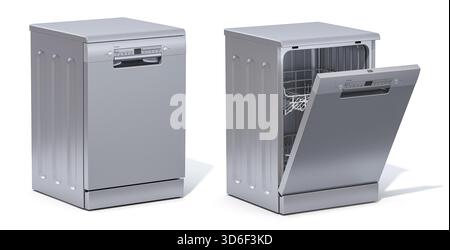 Dishwasher open and closed isolated on white background. 3d illustration Stock Photo