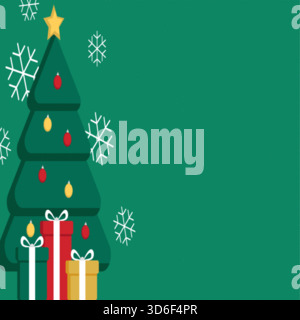 Christmas and New Year background.Green Christmas tree with star and box of gifts strewn with snow.Greeting card, banner, poster.Vector illustration. Stock Vector