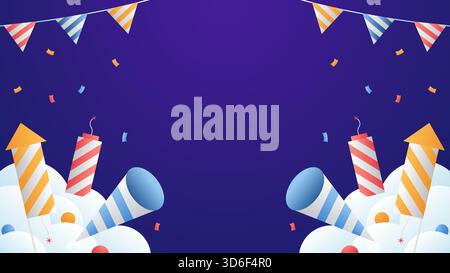 Colorful fireworks frame on a dark blue background, Happy New Year. Flat style design. Concept for holiday celebration, greeting card, poster, banner, Stock Vector