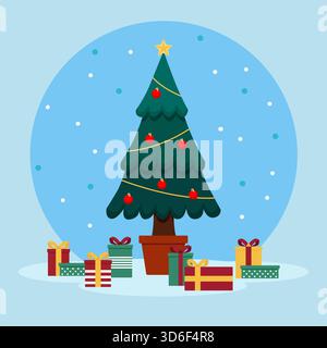 Christmas trees vector illustration. Decorated green fir tree and pines with red ball branches and gift boxes, Xmas stars, blue lights, and snowflake Stock Vector