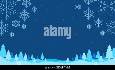 Beautiful winter landscape illustration with falling snowflakes and a forest of pine trees. Ideal for holiday greeting cards Stock Vector