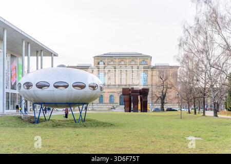 Munich, 15 January 2024: A futuristic sculpture stands in front of the Alte Pinakothek museum. Stock Photo