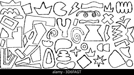 Outline Curvature Crayon Freeform set. Abstract Chalk Hand Drawn Shapes, Curls, Geometric Forms, Spot and doodle objects. Isolated textured Ink drawin Stock Vector