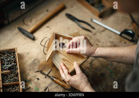 Woman crafting wooden birdhouse in workshop. Work tools on table Stock Photo