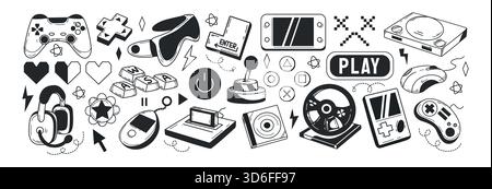 Hand drawn black video game doodle set. Gaming controller, retro console, joystick, gamer gadgets, vr headset, keyboard button icons and arcade play elements in sketch style. Computer device items Stock Vector