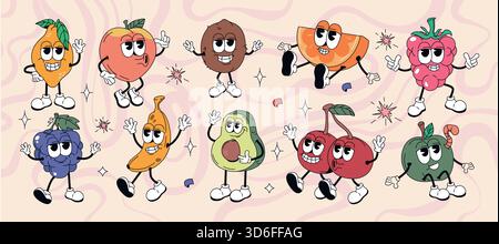 Vector set of groovy hippie fruit and nut characters in retro style. Cartoon cute summer stickers, funky comic doodle apple, cherry, lemon, avocado, hazelnut, blackberry and raspberry with funny faces Stock Vector