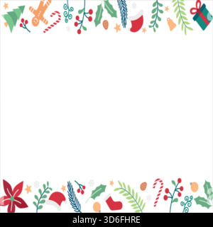 Merry Christmas border frame. Xmas background with vector realistic festive decorative design elements Pine and spruce branches, gift box, pine cone,b Stock Vector