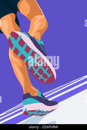 Runner's Legs Poster Illustration Design.Minimalist Sports Poster with Purple Background Color.Running Vector Flat Illustration Stock Vector