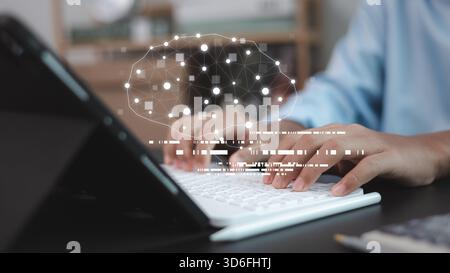 Hands typing on keyboard with AI neural network graphic overlay, showing digital coding, data processing and machine learning technology for modern in Stock Photo